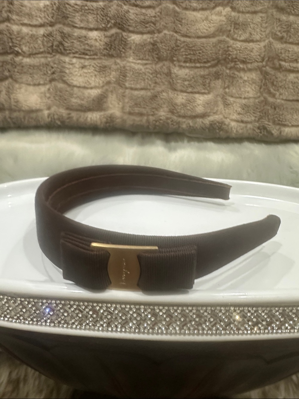 SALVATORE FERRAGAMO Brown Grosgrain Bow Headband with Gold FERRAGAMO Plaque